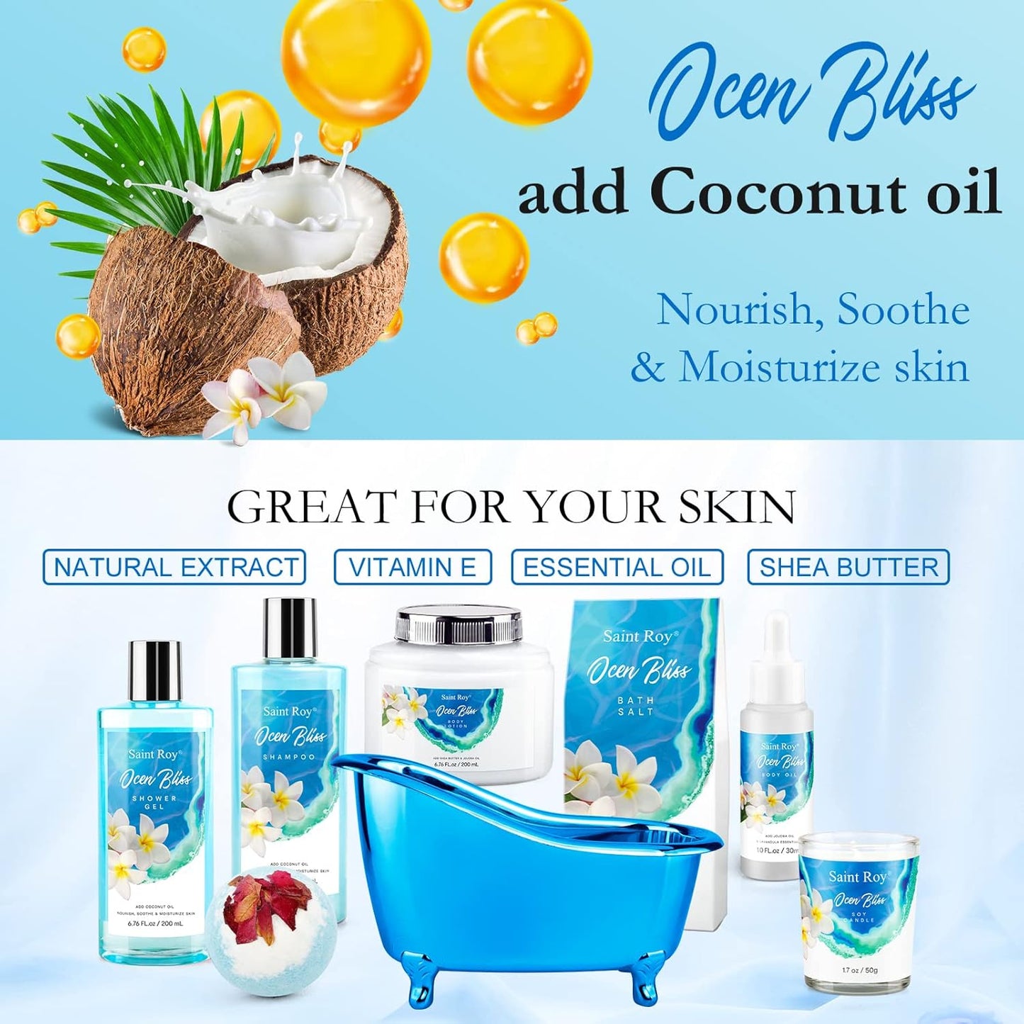 Bath & Body Gift Set, Bath Basket Spa Kit Gifts for Her Him Birthday Gifts for Women, Luxury Home Spa Kit, 8Pcschristmas Gifts for Women Ocean Vanilla, Spa Gift Baskets, Unique Mother'S Day Gifts